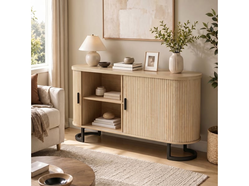 Buffet salon, meuble de rangement ovale avec 2 portes coulissantes et étagères réglables, 140x40x75cm, bois naturel - Conforama C
