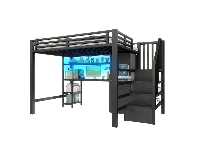  Lit mezzanine 140x200 avec bureau et armoire, escalier de rangement, métal noir  - Conforama A