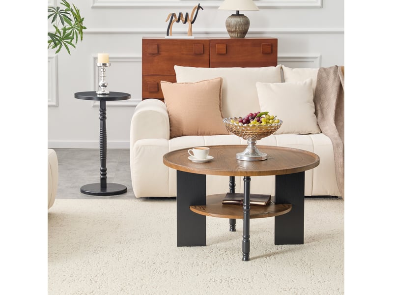  Set de 2 tables basses rondes 80x47+38x67 cm avec rangement, table gigogne, bords arrondis, salon, mdf, couleur noyer  - Conforama B