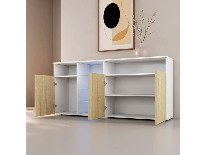 Buffet de salon bas 3 portes avec led | 150x70x35cm | meuble de rangement | modèle clark | Blanc et sonoma Clark - Conforama E
