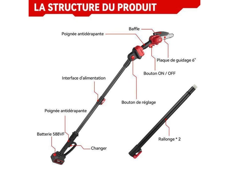  Tronconneuse elagueuse sur perche sans fil 450w moteur sans balais 6 pouces 198 cm 297014_AAALX03677_6_DROPFR - Conforama B