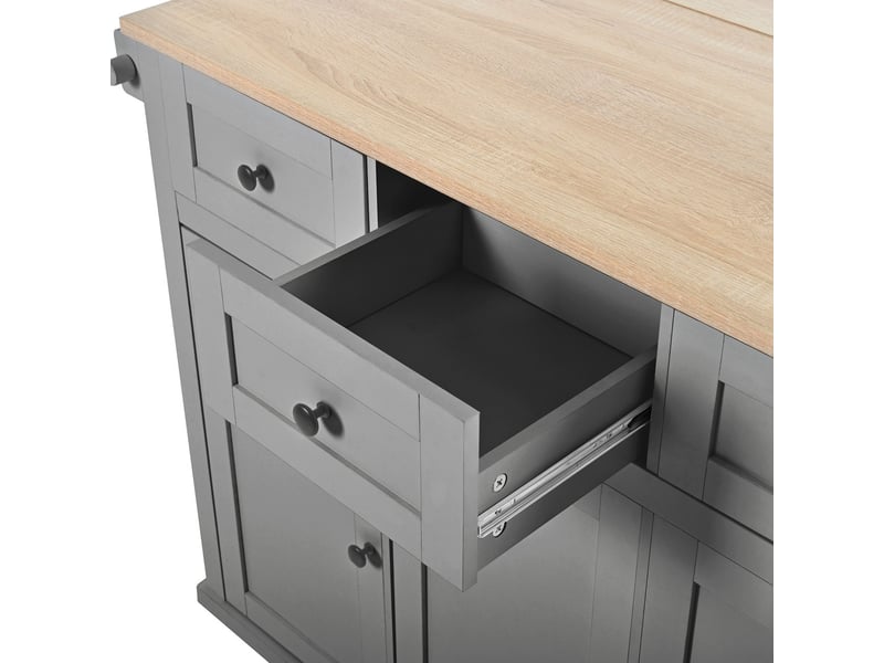  Îlot de cuisine, tiroirs compartiment poubelle îlot central, plateau extensible coin repas, roulettes pivotantes, gris  - Conforama D