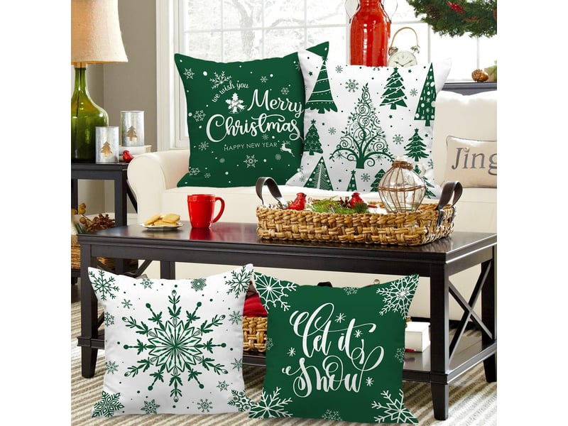  Lot de 4 housses de coussin de noël 45 x 45 cm, motif flocons de neige d'hiver, décoration de noël vert  - Conforama D