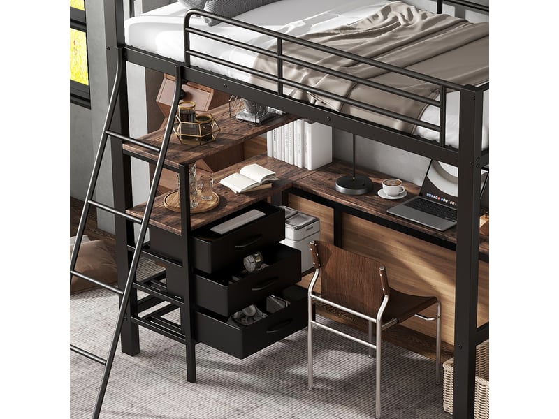  Lit superposé enfant 90x200cm en métal et panneau bois noir et noyer foncé avec bureau 2m et 3 tiroirs  - Conforama E