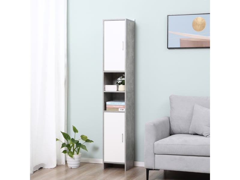  Meuble de salle de bains avec 2 placards et 2 compartiments ouverts, aspect bois (effet ciment), 30 x 30 x 180 cm  - Conforama D