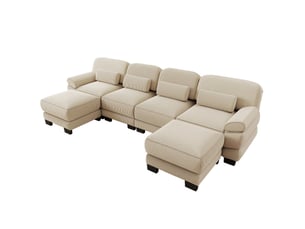 Canapé modulable modenvie 4 places en u avec 2 poufs, assise profonde, velours côtelé beige, 336 x 161 x 94 cm