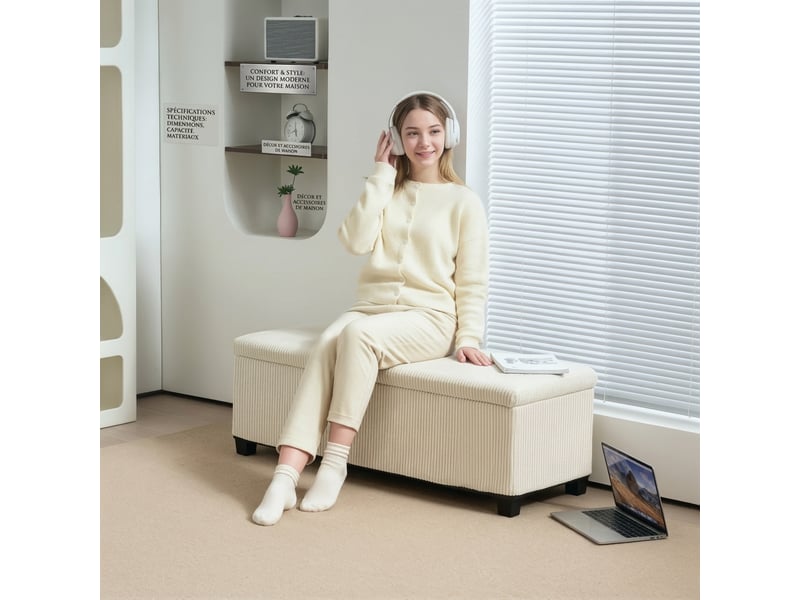  Banc de rangement beige 112x42x40 cm avec coffre, revêtement aspect velours côtelé et pieds en acier  - Conforama B