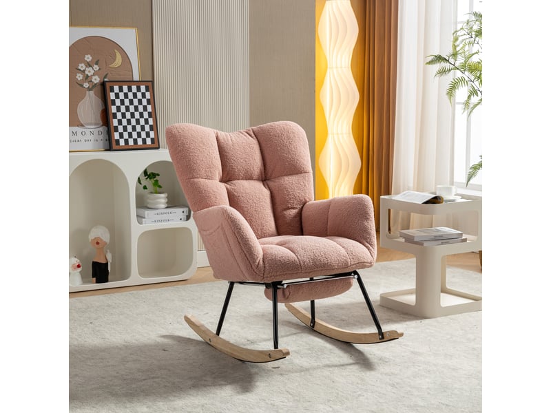 Rocking chair avec repose-pieds, fauteuil à bascule rose en tissu bouclette pour salon et allaitement - Conforama C
