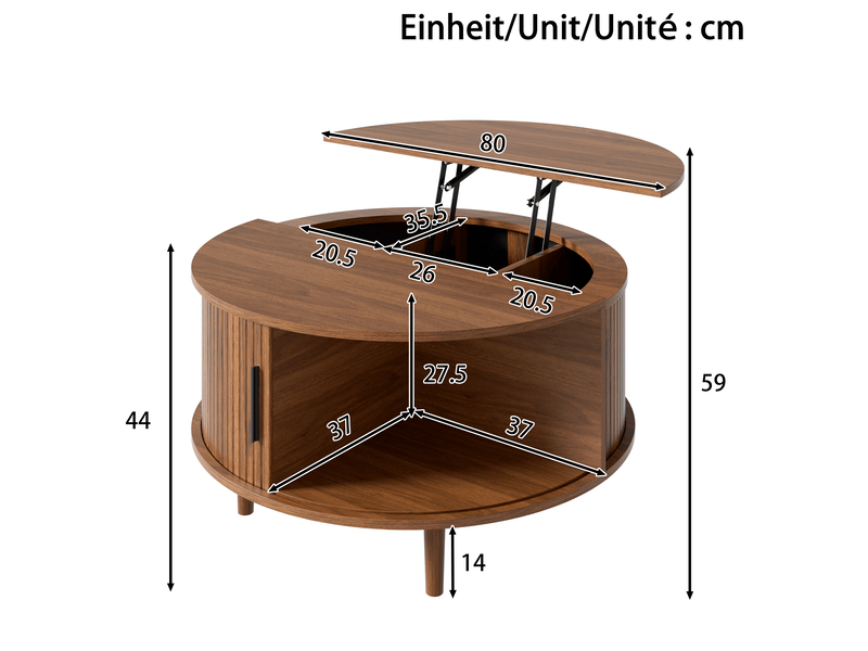  Table basse ronde relevable avec rangement compartimenté, table de salon avec porte coulissante et lattes verticales, pieds pin massif, mdf, noyer OPULERANE TRADING LTD - Conforama C