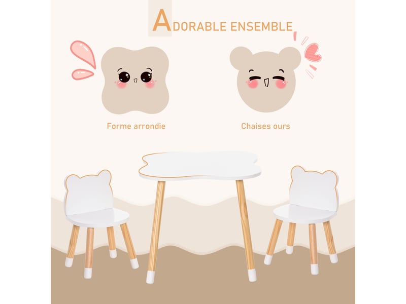  Ensemble table et chaises enfant design scandinave motif ourson bois pin blanc mdf  - Conforama E