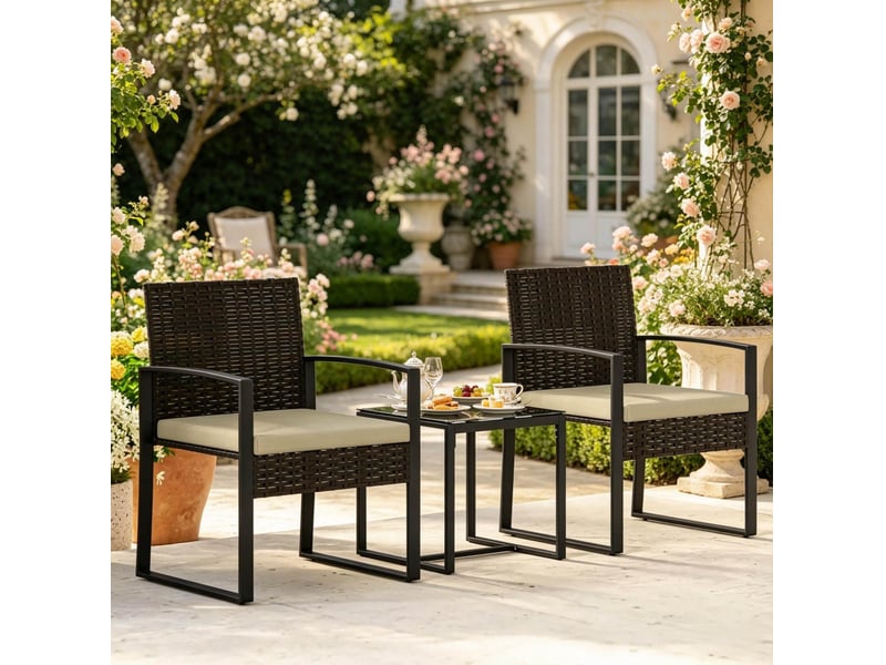  Salon de jardin bistrot 2 places 40x40 cm – noir, brun et kaki – 2 fauteuils avec coussins et table en verre  - Conforama B