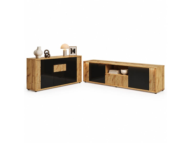  Ensemble meuble tv 180 cm et buffet 140 cm noir et bois avec led bluetooth  - Conforama A