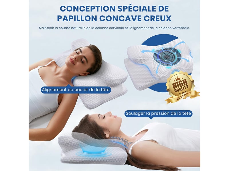  Oreiller ergonomique cervical, oreiller memoire forme, 60 x 34 x 1013cm,cervicales pour les dormeurs sur le côté, le dos et le ventre  - Conforama W