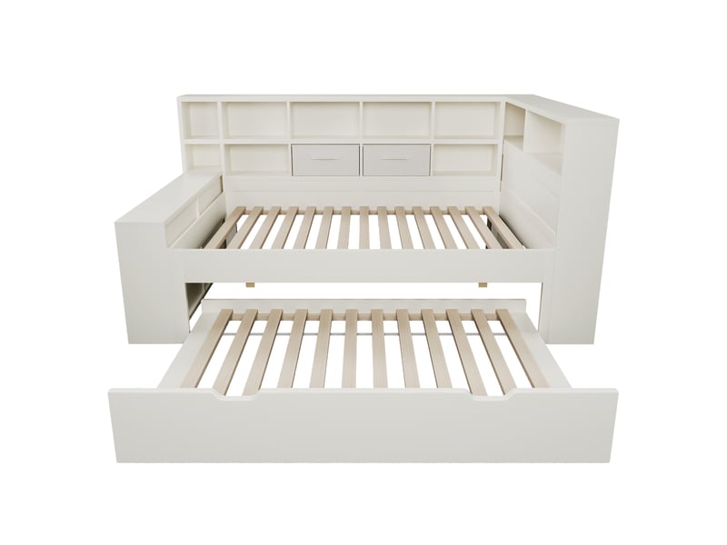  Lit simple 90×190 cm avec lit gigogne, rangements et ports usbtype-c, blanc  - Conforama A