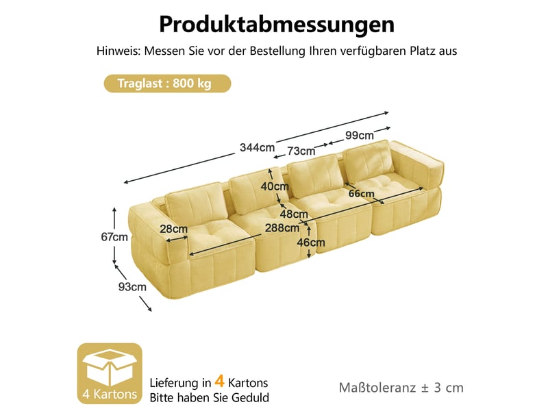  Canapé droit modulable 4 places en polyester jaune, 344 cm  - Conforama C
