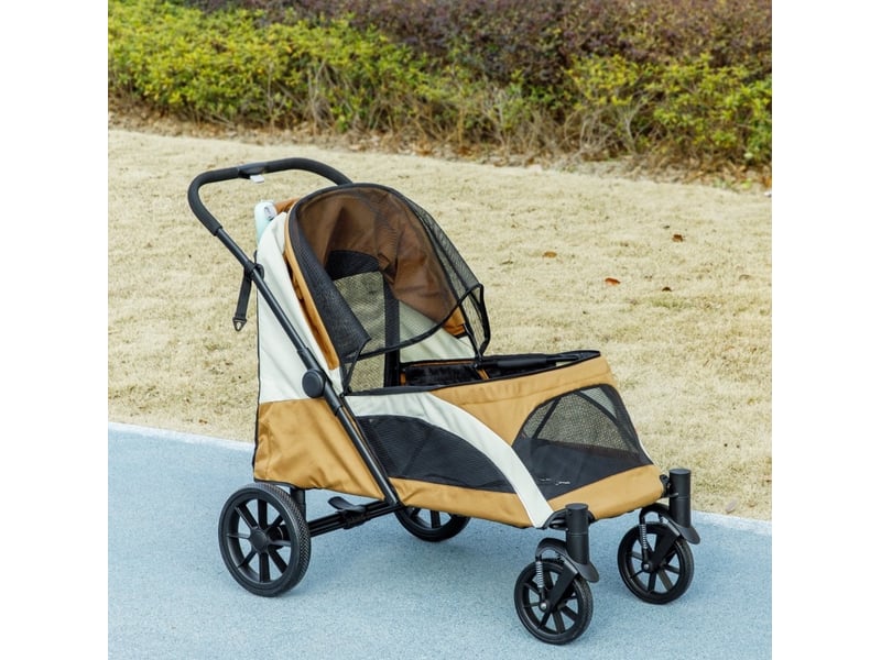  Poussette pliable 124x67x100 cm avec 4 roues, freins et leines de sécurité, marron  - Conforama B