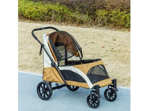 Poussette pliable 124x67x100 cm avec 4 roues, freins et leines de sécurité, marron