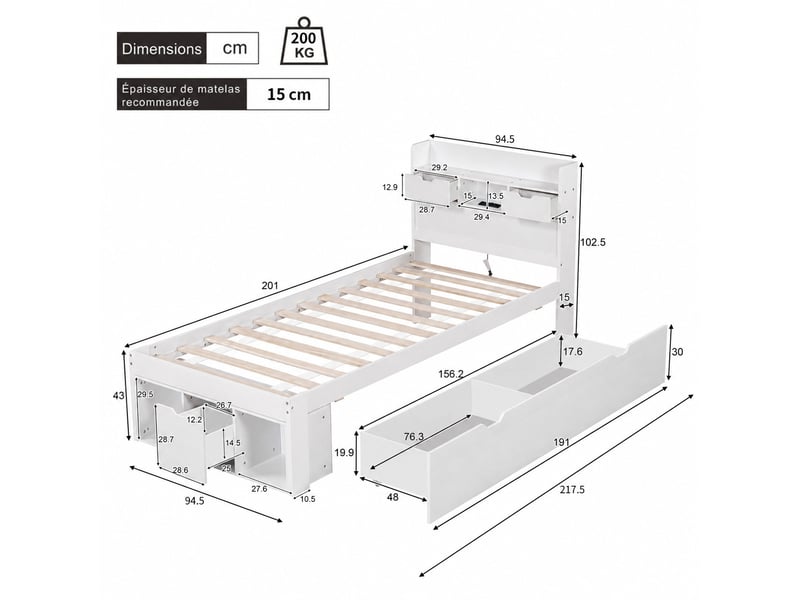  Lit simple 90x200 cm, lit 1 place avec port usb et type-c, tiroirs,  espace de rangement ouvert, sans matelas - blanc  - Conforama C