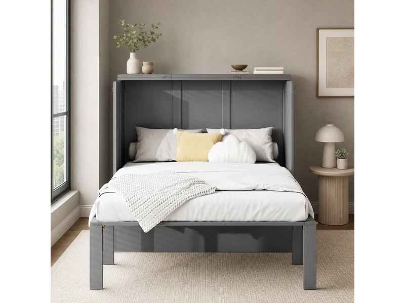  Lit escamotable vertical 90x200 cm avec sommier à lattes gris et rangement  - Conforama B