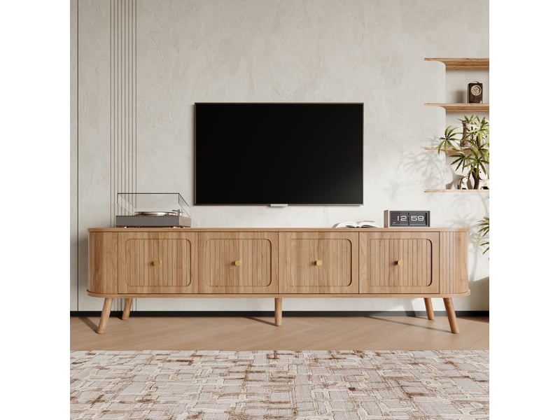  Meuble tv 180x38x47 cm, chêne, design vintage et moderne, pieds en bois, corps en aggloméré, coins arrondis, meuble de salon, 4 portes  - Conforama B