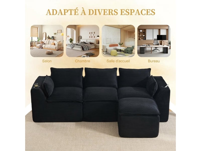 Canapé modulaire 3 places avec pouf assorti 256 x 161 x 75 cm rangement latéral et porte-gobelet - Conforama D