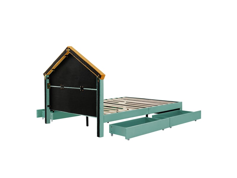  Lit cabane enfant rembourré 140×200 cm avec 4 tiroirs, velours bleu canard  - Conforama D