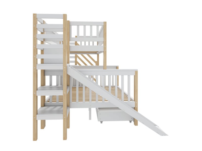  Lit superposé enfant 90x200 cm et 140x200 cm, escalier, toboggan, tableau noir, bois, blanc, sans matelas  - Conforama E