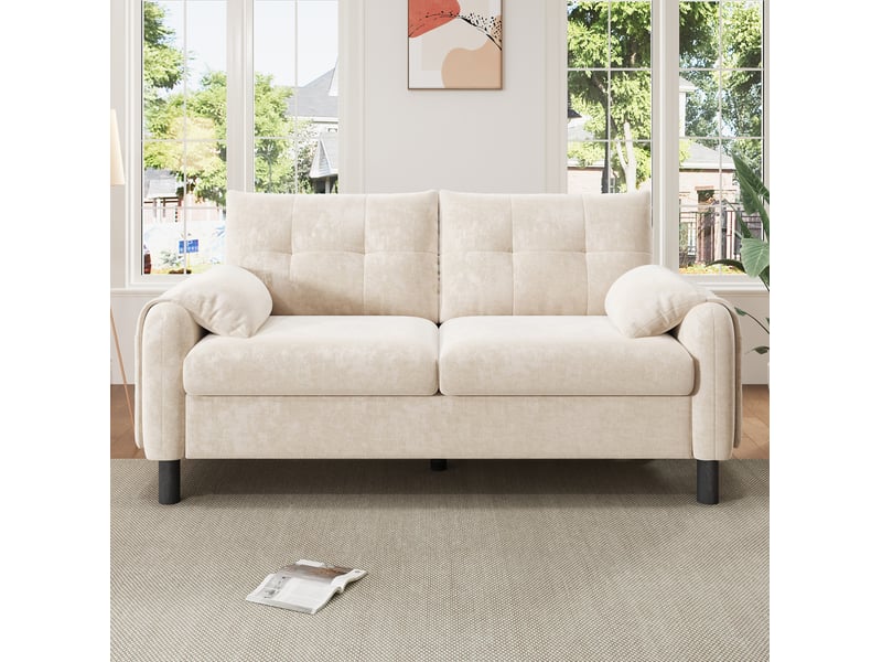  Canapé moderne 2 places 158x80x88,5 cm, poches de rangement et accoudoirs larges, assise épaisse, revêtement chenille beige  - Conforama B