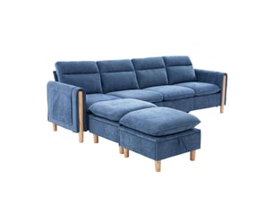 Canapé modulaire 4 places modenvie en tissu chenille bleu avec deux poufs et rangements, 261 x 77 x 86 cm