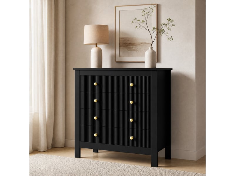  Commode de rangement noire à 5 tiroirs texturés et poignées dorées – 79 x 39,5 x 80,5 cm  - Conforama B