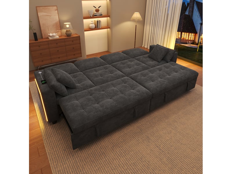  Canapé-lit 4 places 262.5x140x89 cm avec led et usb, dossier réglable, tissu couleur gris, design moderne  - Conforama D