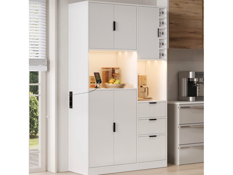  Buffet de cuisine modenvie 105 x 40 x 180 cm avec led, prises, 3 tiroirs, range-bouteilles, étagères réglables, mdf blanc  - Conforama B