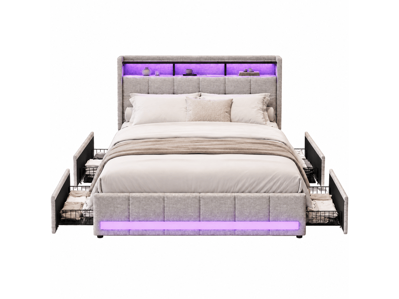 Lit double 160x200 avec led et tiroir, lit 2 personnes avec led et usb cadre de lit rembourré avec 4 tiroirs de rangement et tête de lit capitonnée pour adultes et adolescents lin beige, sans matelas - Conforama A