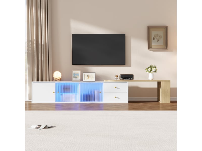  Meuble tv bas extensible 75x40x38 cm led, 2 tiroirs, 2 portes coulissantes en verre, panneau de particules blanc naturel  - Conforama B