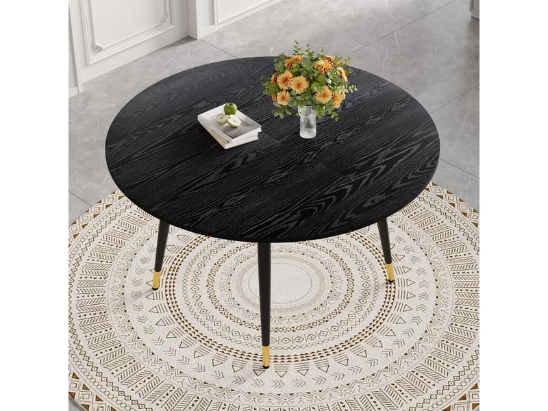  Table à manger extensible moderne se transformant de ronde à ovale en mdf noir noyer avec accents dorés sur pieds métal gain de place  - Conforama D