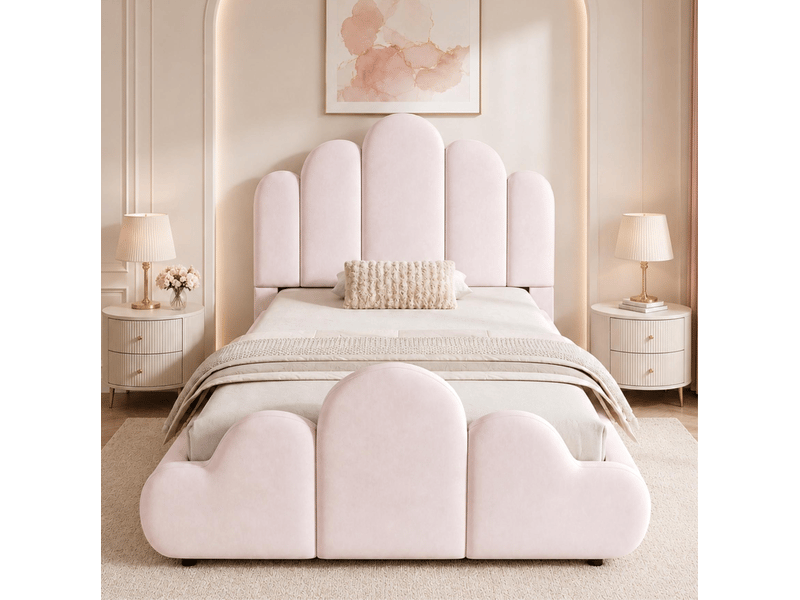  Lit enfant 90 × 200 cm 1 place avec tête de lit rembourrée et angles arrondis, sans matelas, en velours rose  - Conforama C