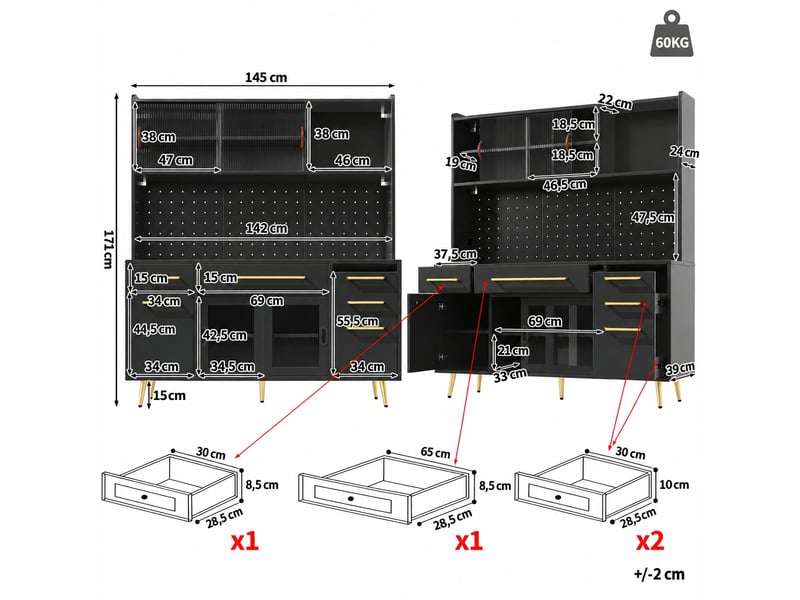 Meuble de cuisine muvano, buffet de cuisine noir avec éclairage led, panneau perforé, 145 × 39 × 171 cm - Conforama W