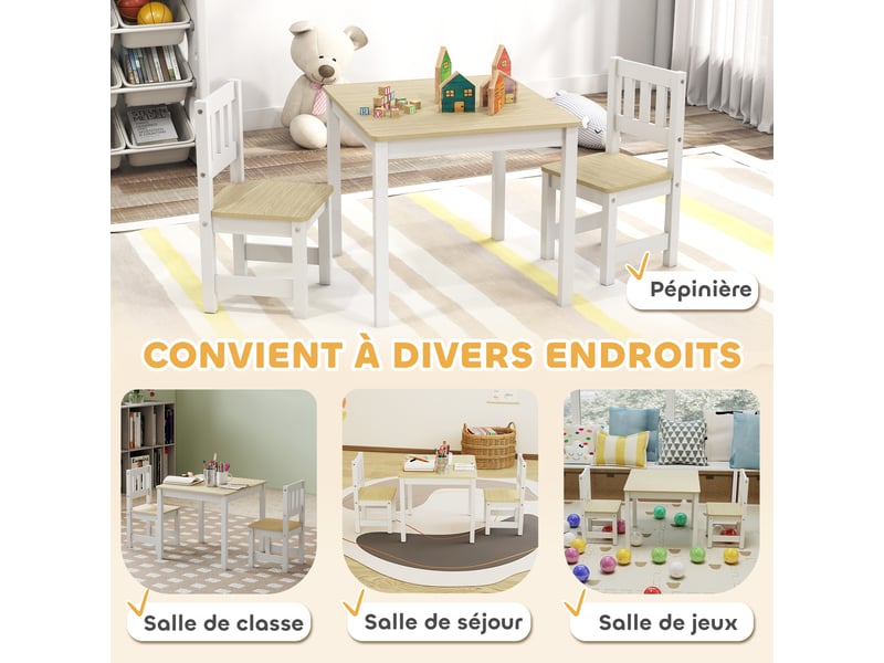  Table enfant avec chaise, lot table et 2 chaises enfant en bois pour dessiner, jouer, étudier, bois naturel, 56x52x48cm  - Conforama W