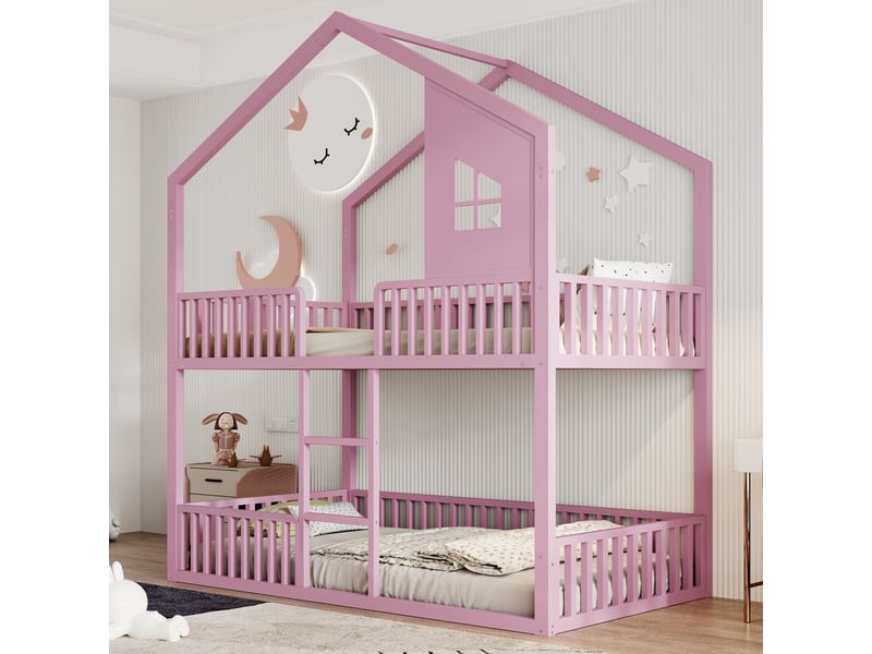  Lit superposé 90x200 cm, lit enfant, échelle, cadre métallique robuste, toit et fenêtres décoratifs, couchage confortable pour 2 personnes, métal rose OPULERANE TRADING LTD - Conforama B