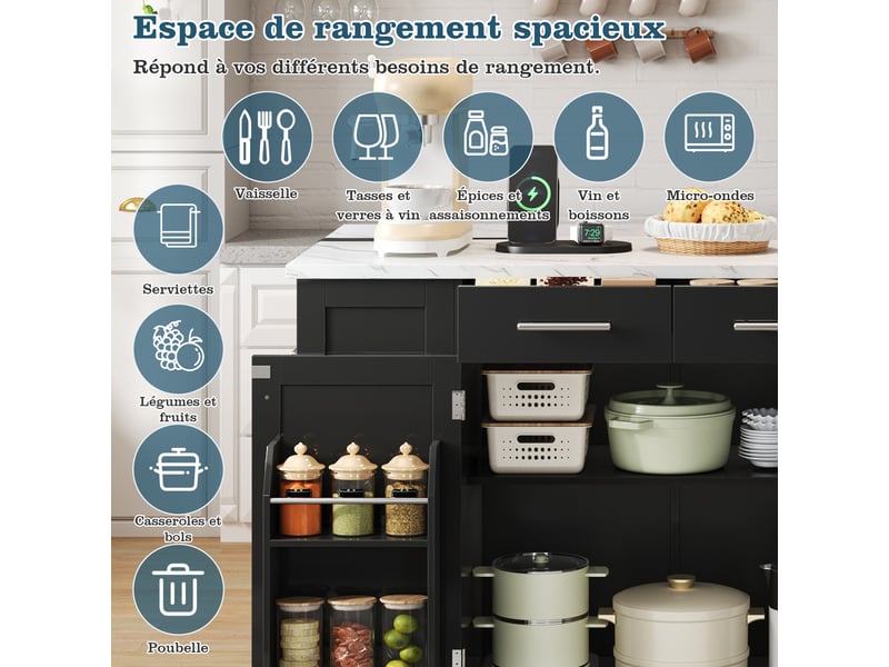  Îlot de cuisine armoire buffet chariot coulissant roulettes deux côtés étagère épices deux portes deux tiroirs noir et marbre  - Conforama D