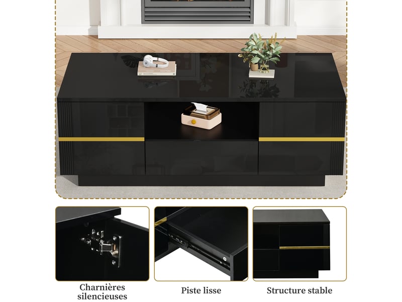  Table basse avec éclairage led, rangement, mdf noir et accents dorés, 100 x 50 x 35,5 cm  - Conforama R