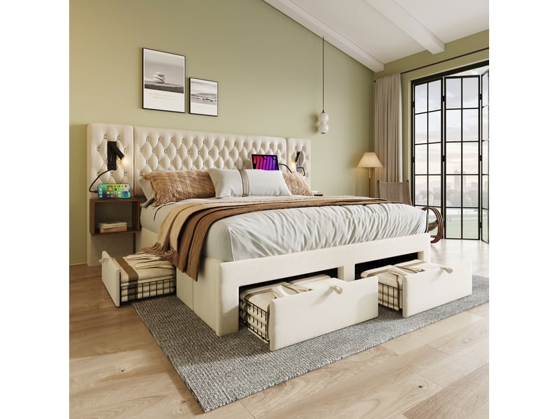  Lit double 180 × 200 cm avec 4 tiroirs, 2 chevets, lampes de lecture, usb et type-c, sans matelas, velours beige  - Conforama C