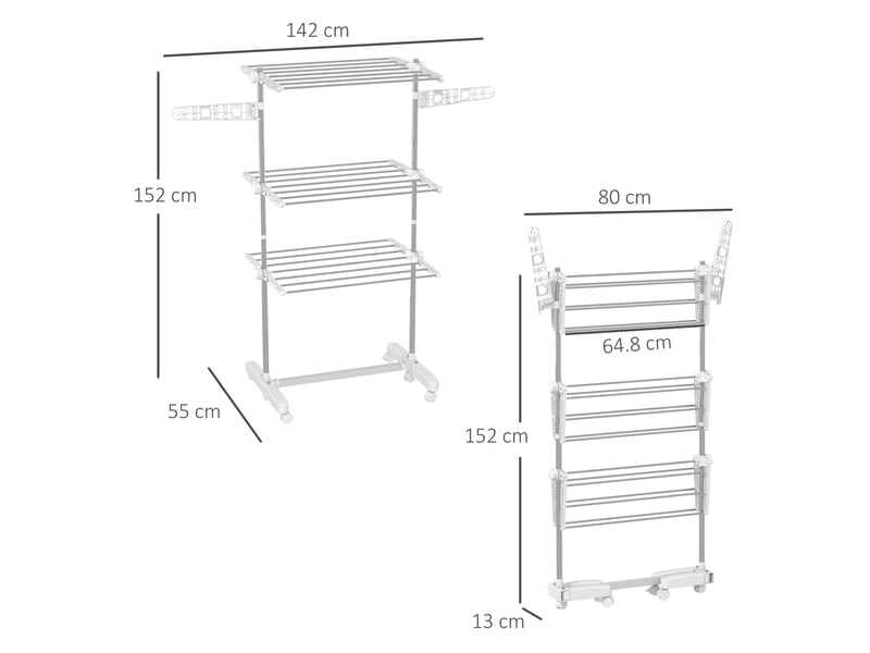 Étendoir à linge pliable 142x55x152 cm 3 niveaux à roulettes acier blanc  - Conforama C