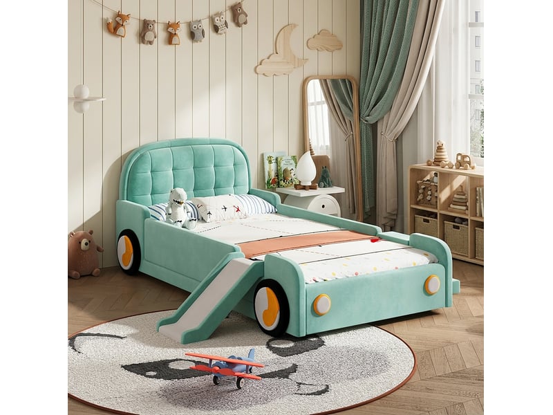 Lit enfant voiture modenvie 90 x 200 cm avec toboggan et escalier réversibles, velours, bleu vert  - Conforama B