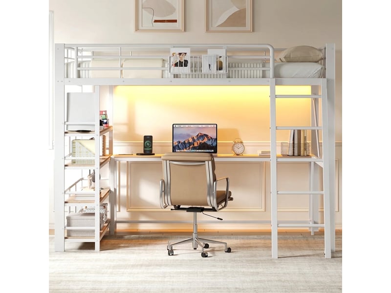  Lit mezzanine 140x200 métal blanc avec bureau intégré, led, port usb et étagères sans matelas  - Conforama B