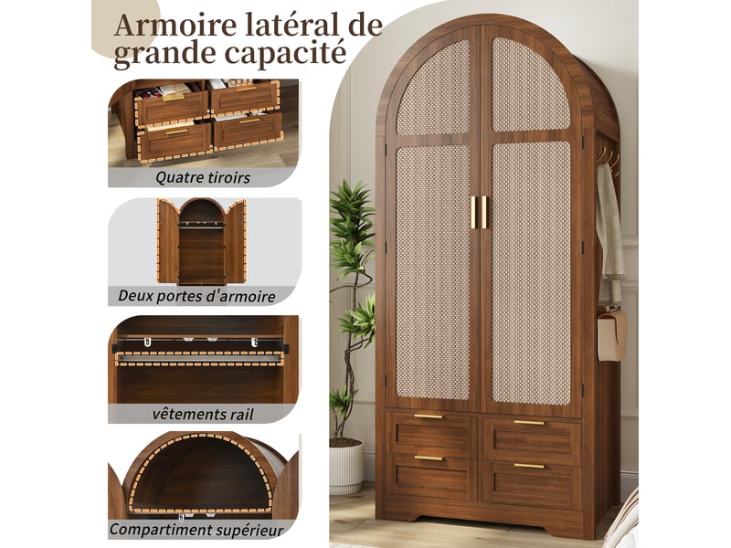  Armoire 80x50x180 cm avec 2 portes cintrées et 4 tiroirs en mdf, panneaux de porte en rotin, couleur marron  - Conforama E