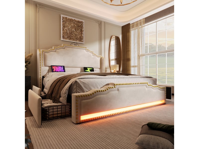  Lit double 140x200 cm beige velours coffre tiroirs éclairage led usb-c sans matelas  - Conforama D