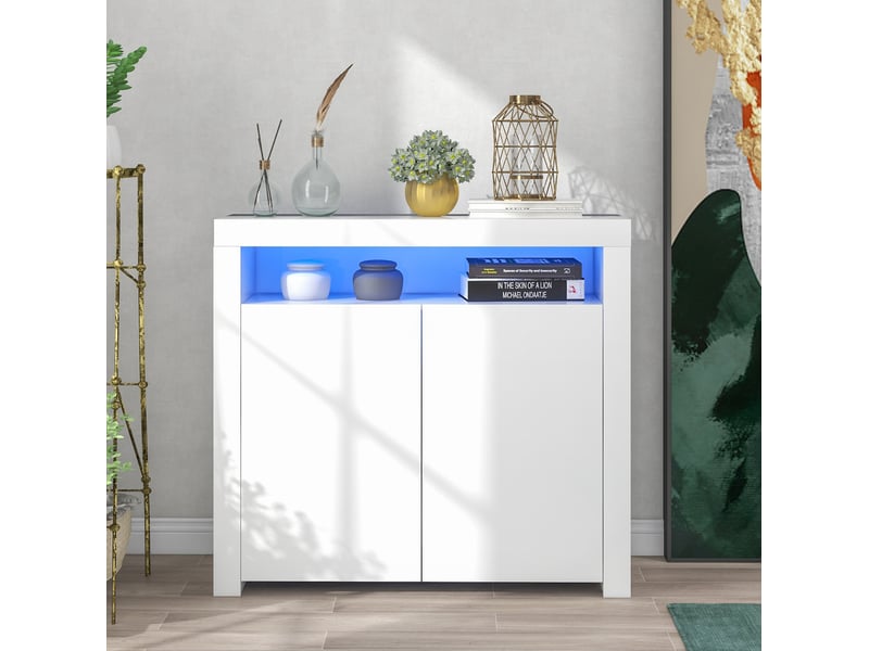 Buffet 2 portes blanc brillant avec éclairage led - 108 x 40 x 92 cm - Conforama D