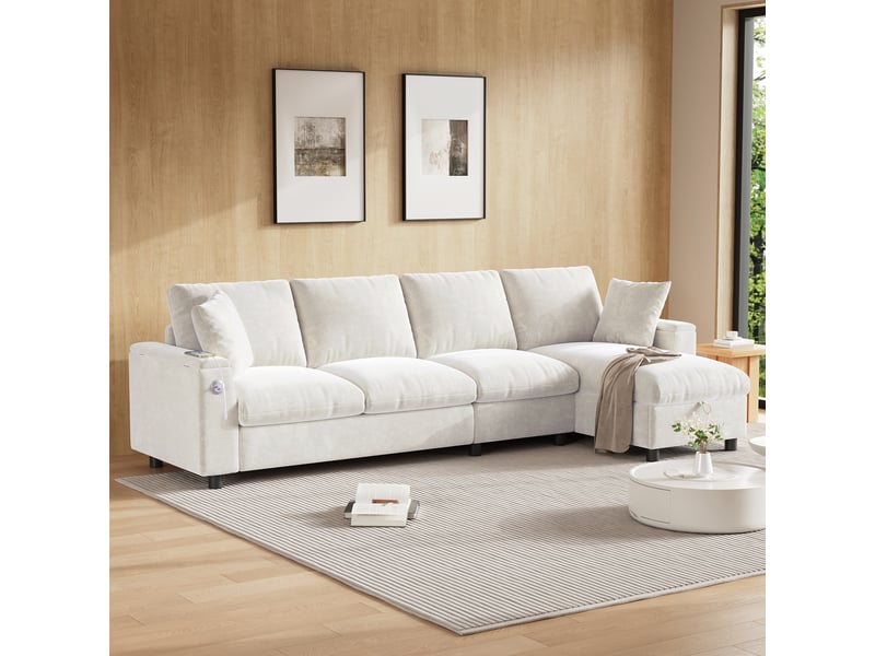  Canapé d'angle, canapé chenille – en tissu chenille, port usb, beige, avec accoudoirs, avec rangement, porte-gobelets  - Conforama A