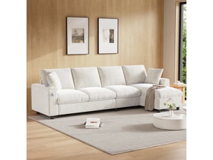 Canapé d'angle panoramique fixe <strong></strong> <strong></strong> 2 places Coton / Lin beige avec coffre de rangement